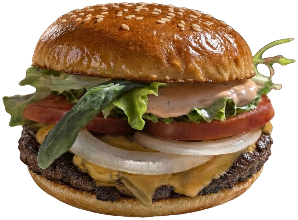Der Börgermeister: Doppel-Smash-Börger mit American Cheese, Tomate, Salat, eingelegten Gurken, Zwiebeln und Börgermeister-Sauce